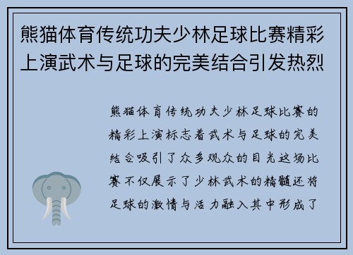 熊猫体育传统功夫少林足球比赛精彩上演武术与足球的完美结合引发热烈反响